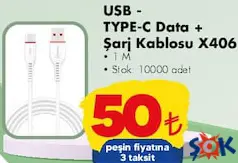 NEOWİSE USB-TYPE-C DATA+ŞARJ KABLOSU X406 fiyat ve kampanya bilgisi